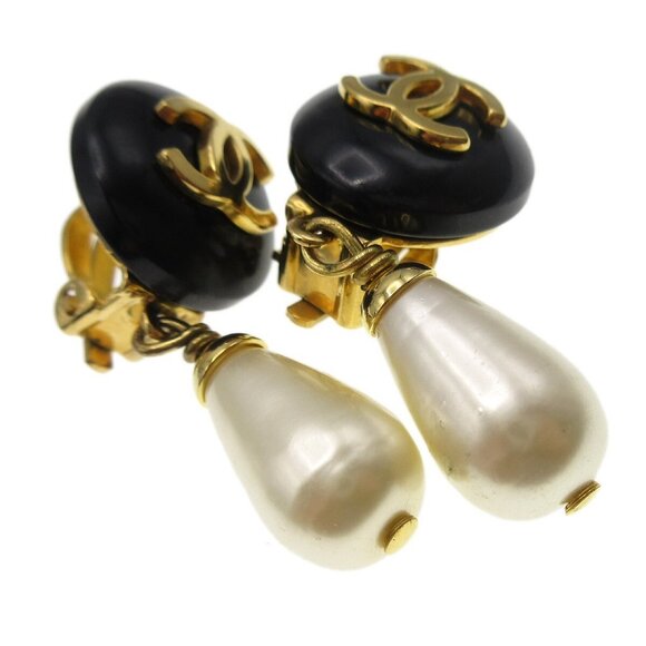 Chanel Artificial Pearl Dangle Earrings Clip-On Black - Picture 7 of 8